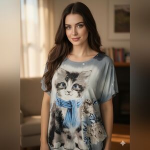 Casa Donna Rhinestone Kitty Blouse Size M/L